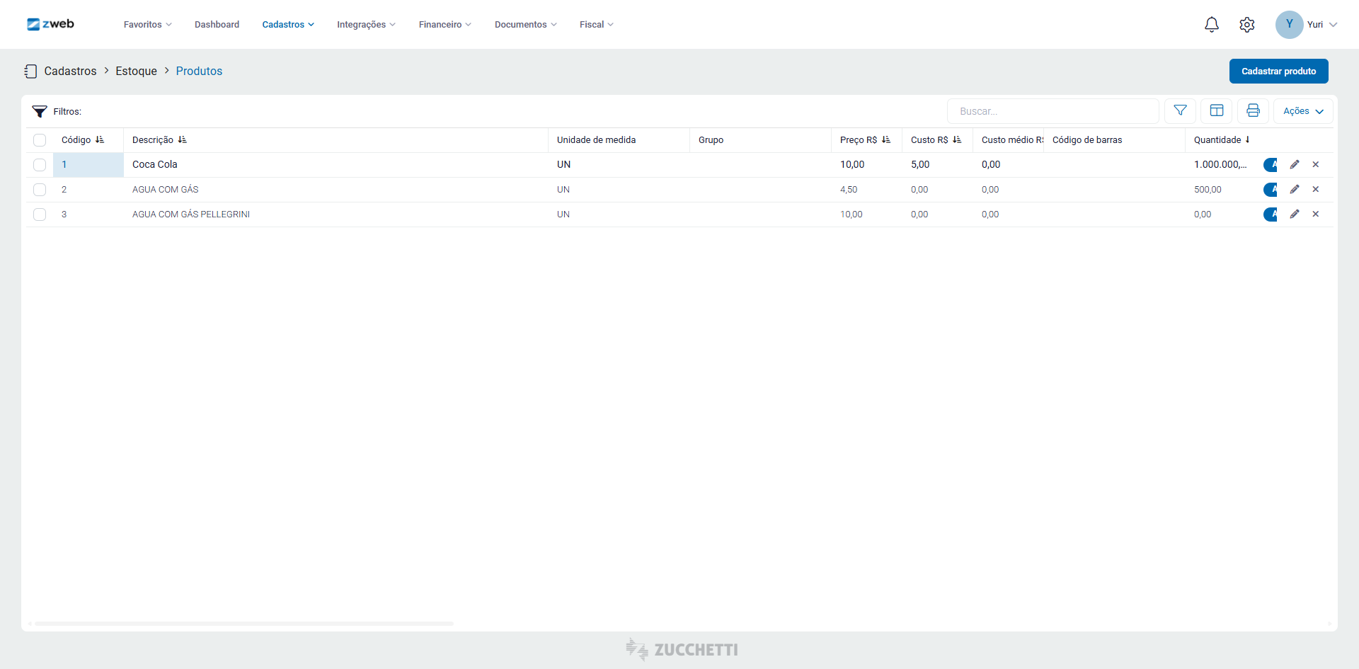 Tela de controle de estoque do ZWEB